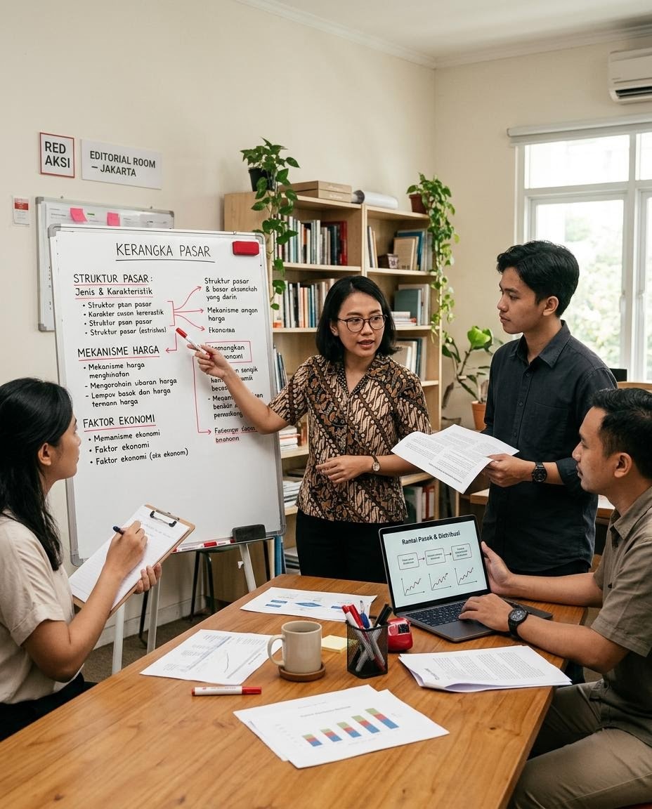 Ruang editorial redaksi dengan meja panjang, papan catatan topik, dan arsip dokumen pasar tersusun rapi