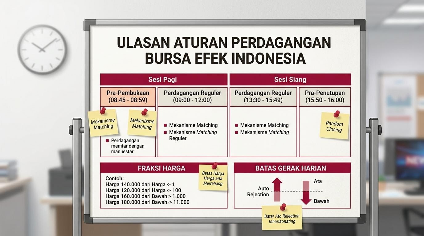 Papan jadwal sesi perdagangan bursa dengan penanda waktu