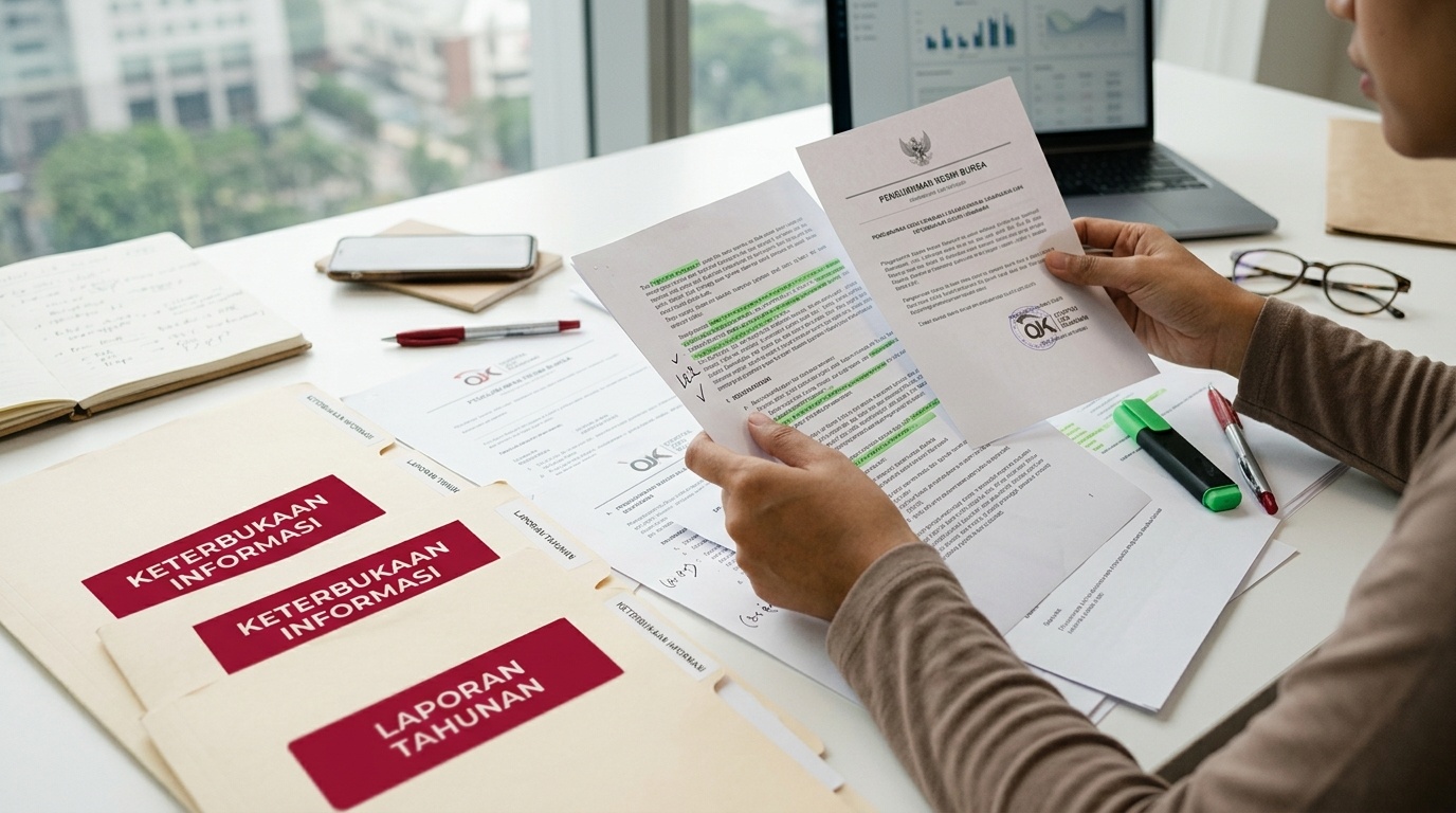Dokumen keterbukaan informasi emiten tersusun rapi di atas meja redaksi