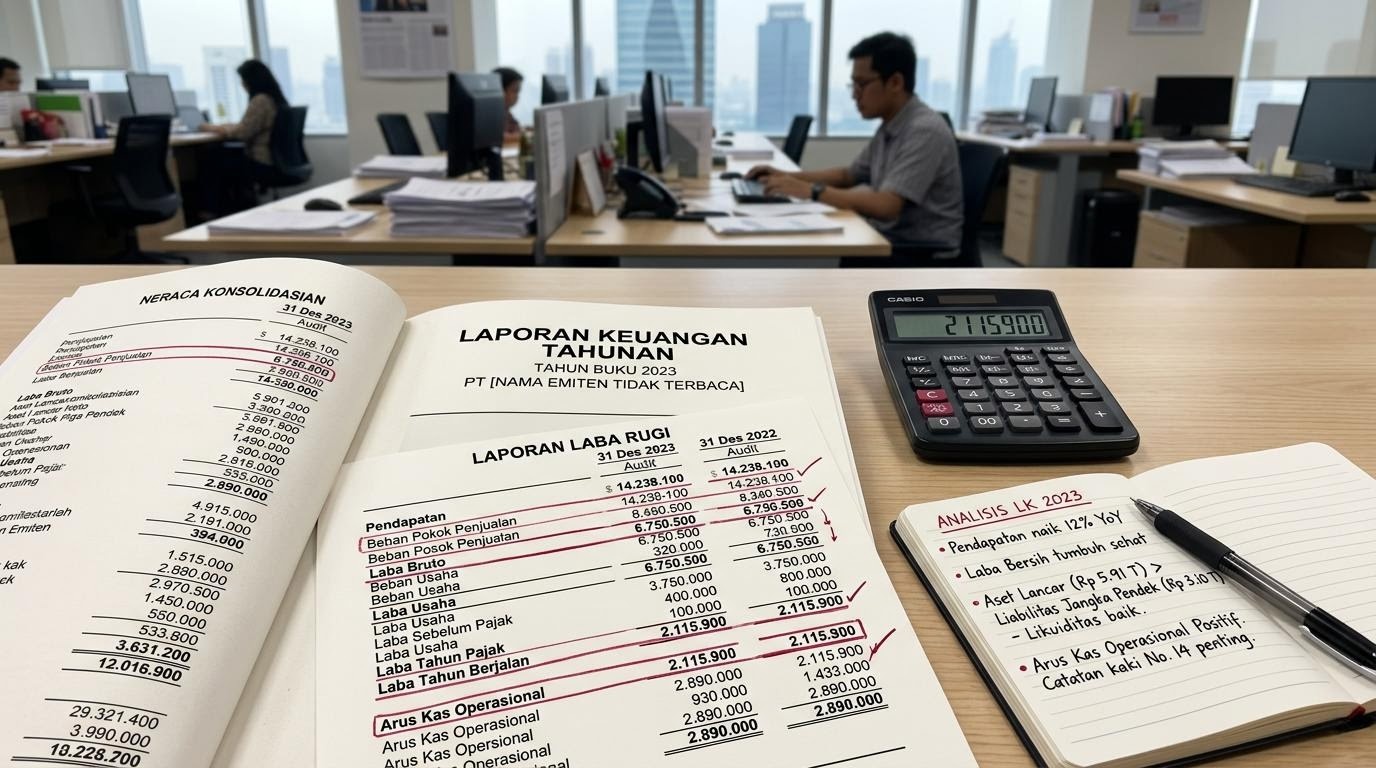Halaman laporan keuangan emiten dengan tabel angka yang ditandai